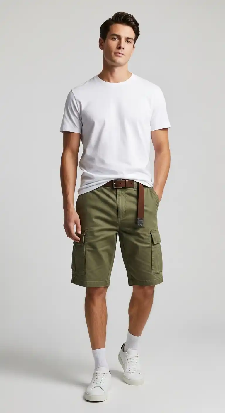 15 Cargo Shorts Outfit Combinations for Men That Actually Look Stylish 2 1) White Tee + Olive Cargos + White Sneakers