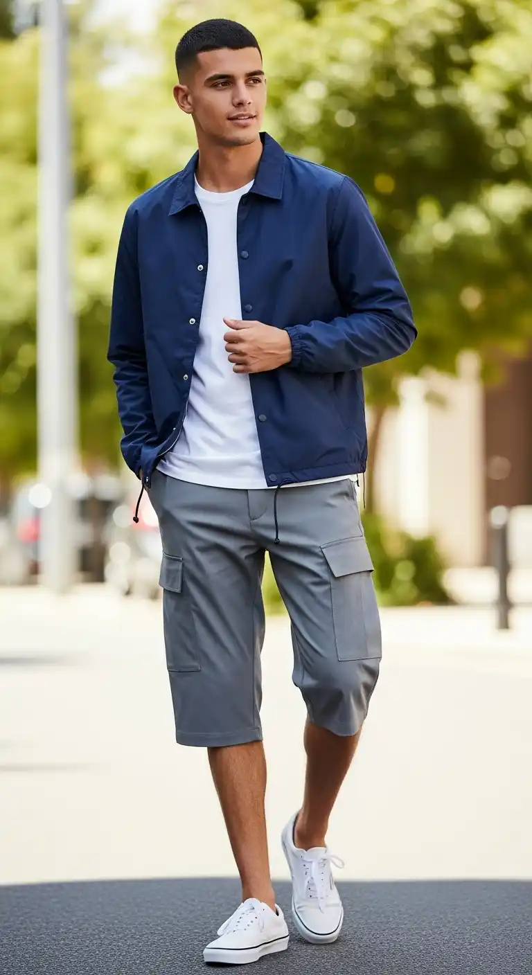 15 Cargo Shorts Outfit Combinations for Men That Actually Look Stylish 12 10) Coach Jacket + Grey Cargos + Skate Shoes