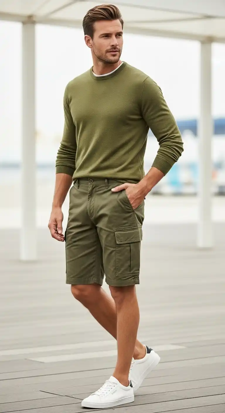 15 Cargo Shorts Outfit Combinations for Men That Actually Look Stylish 13 11) Lightweight Sweater + Olive Cargos + White Court Sneakers