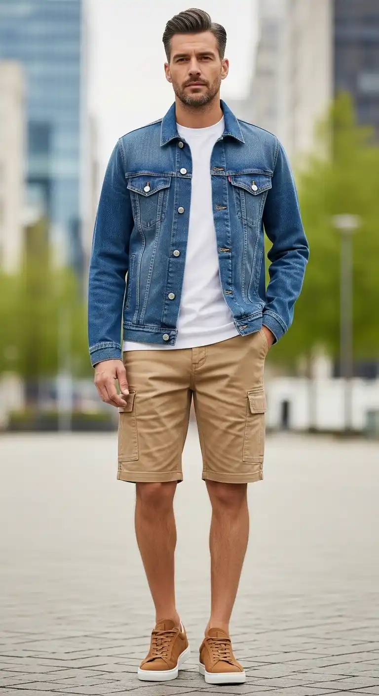 15 Cargo Shorts Outfit Combinations for Men That Actually Look Stylish 14 12) Denim Jacket + Tan Cargos + Suede Sneakers