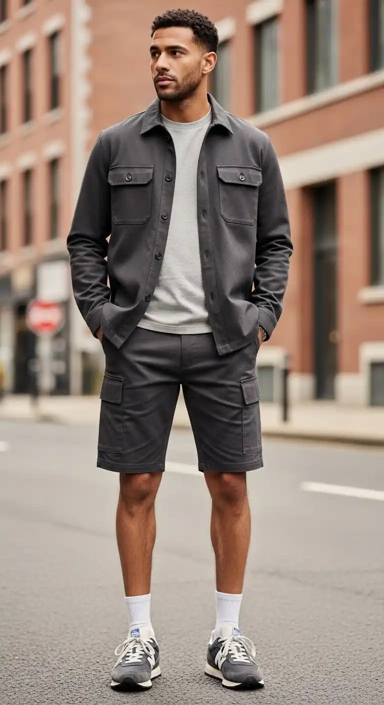 15 Cargo Shorts Outfit Combinations for Men That Actually Look Stylish 15 13) OvershirtShacket + Charcoal Cargos + Retro Runners
