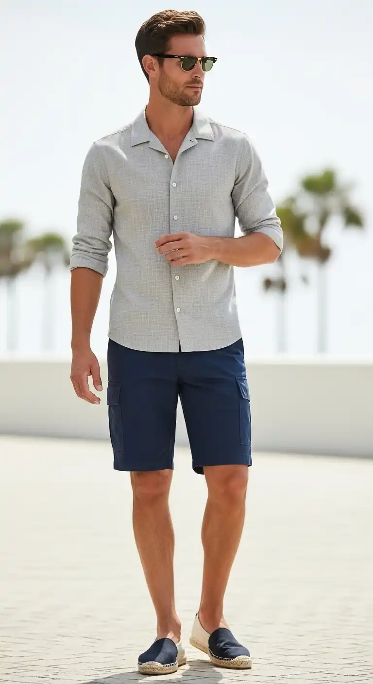 15 Cargo Shorts Outfit Combinations for Men That Actually Look Stylish 16 14) Camp-Collar Shirt + Navy Cargos + Espadrilles or Leather Sandals