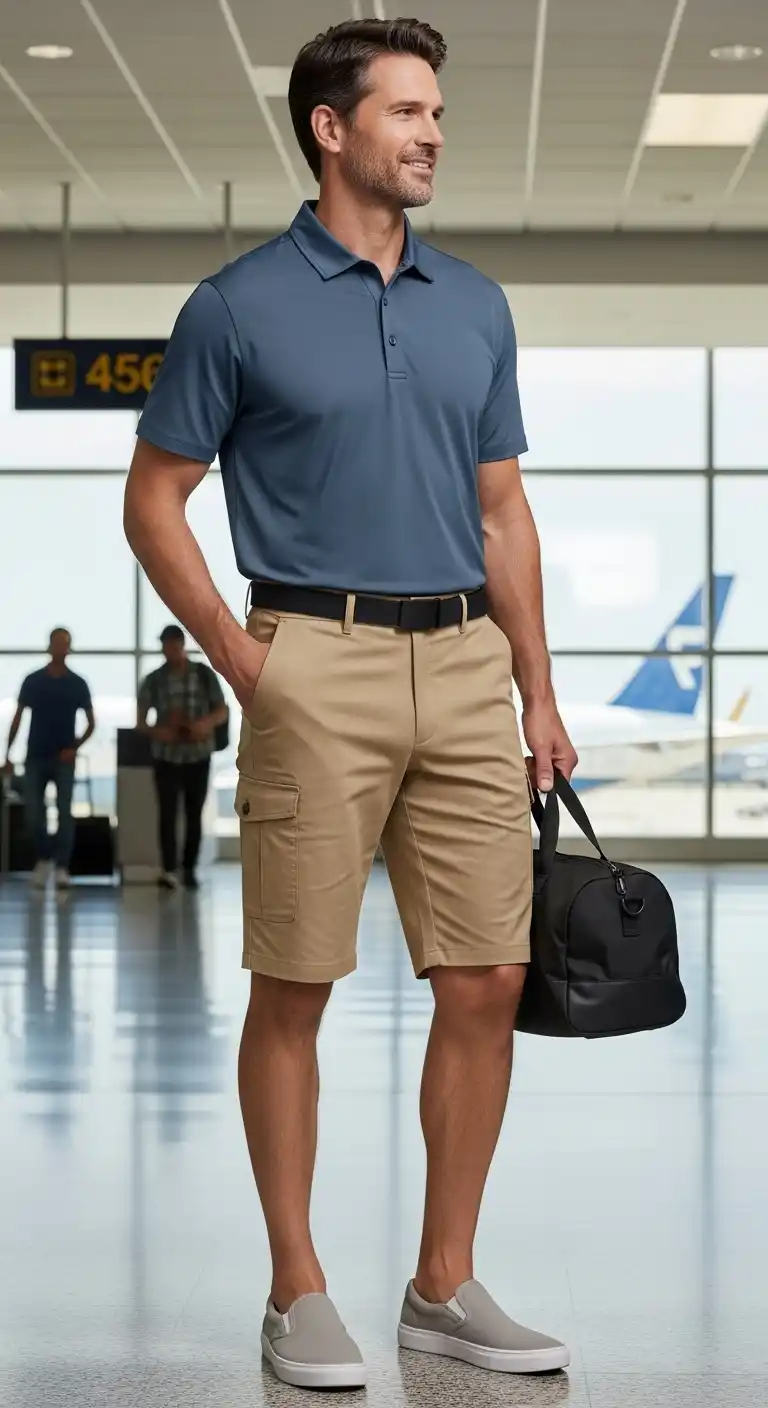 15 Cargo Shorts Outfit Combinations for Men That Actually Look Stylish 17 15) Performance Polo + Stretch Cargos + Slip-On Sneakers