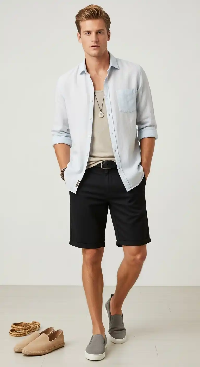 9 Black Shorts Outfit Men Ideas to Look Effortlessly Cool 4 3) The Breezy Linen Button-Down