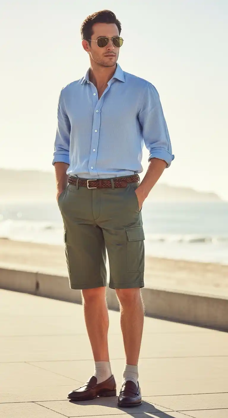 15 Cargo Shorts Outfit Combinations for Men That Actually Look Stylish 7 6) Linen Button-Down (sleeves rolled) + Olive Cargos + Brown Loafers