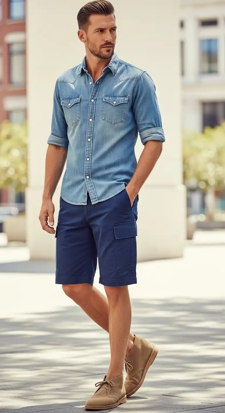 15 Cargo Shorts Outfit Combinations for Men That Actually Look Stylish 8 7) Chambray Shirt + Navy Cargos + Desert Boots