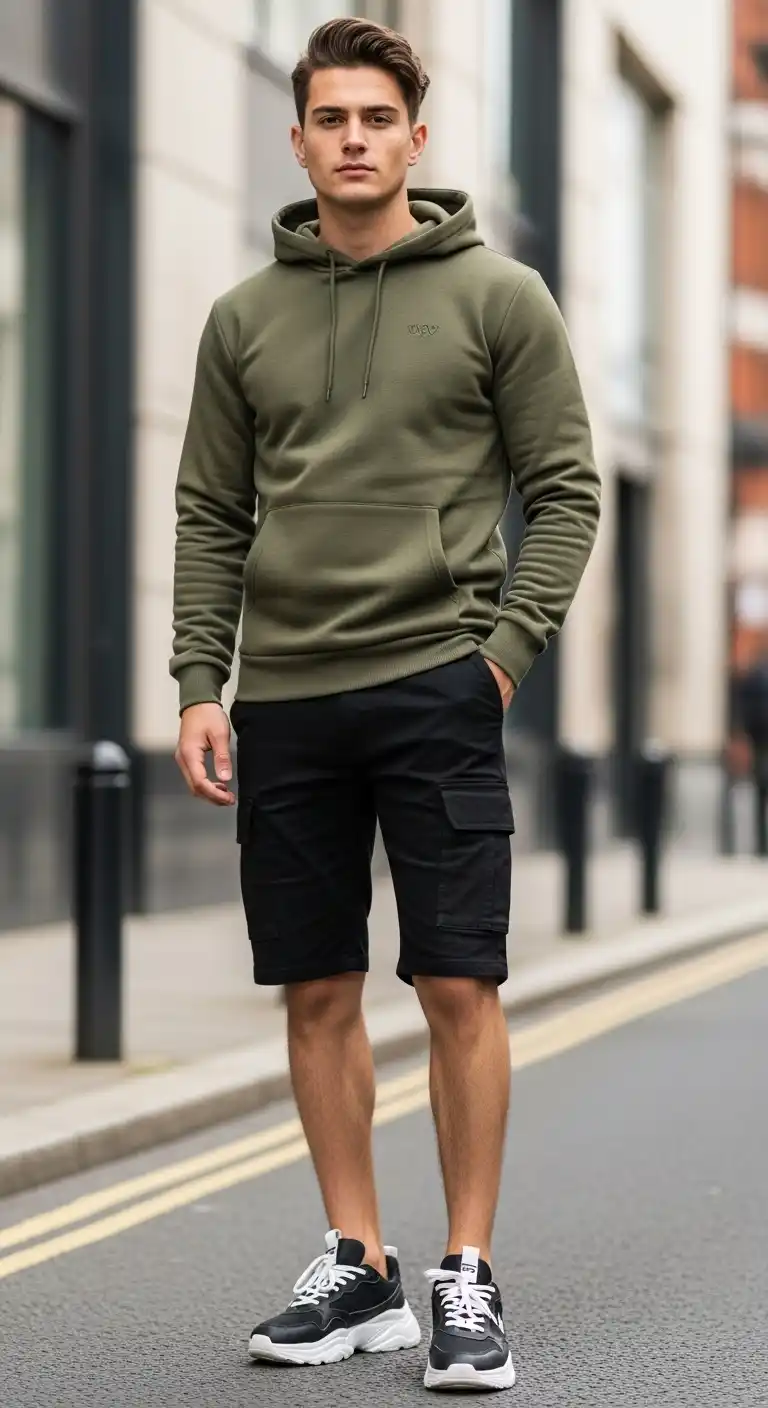 15 Cargo Shorts Outfit Combinations for Men That Actually Look Stylish 11 9) Hoodie (midweight) + Black Cargos + Chunky Sneakers