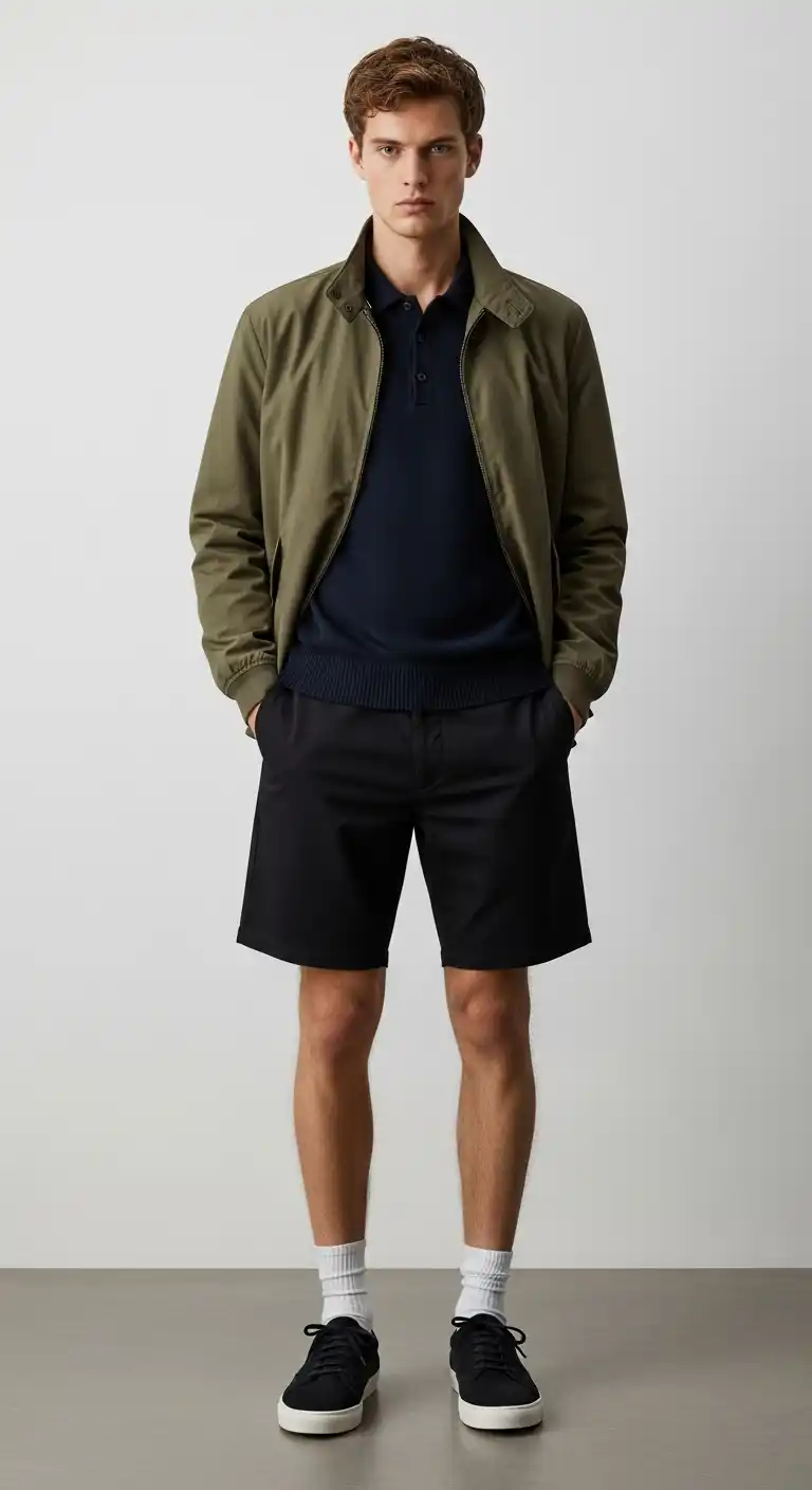 9 Black Shorts Outfit Men Ideas to Look Effortlessly Cool 10 9) Layered Light Jacket Combo