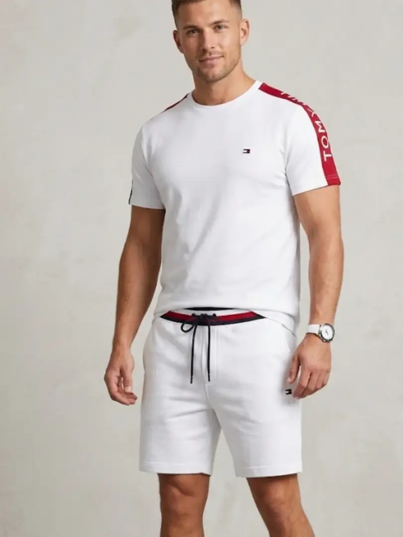 The All-White Set With a Pop of Red Trim