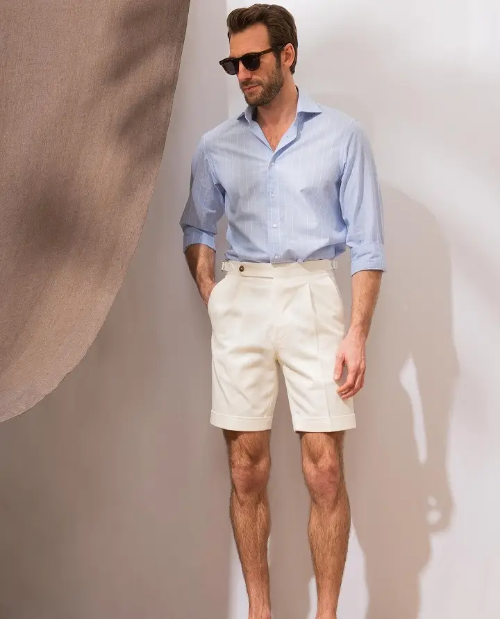 Tailored Cream Shorts With a Rolled Blue Shirt