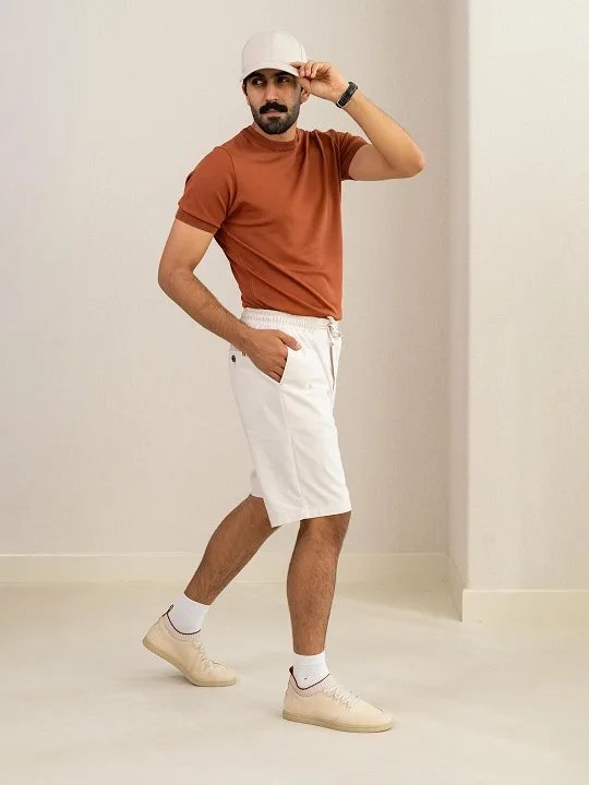 Off-White Linen Shorts and a Rust Tee