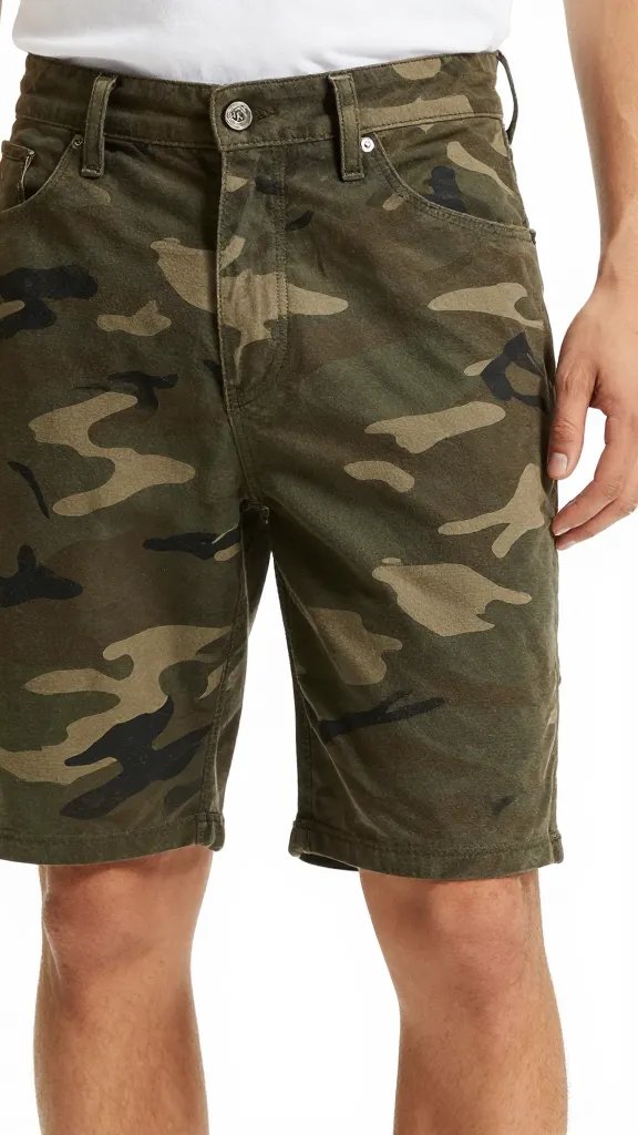 closeup olive camo shorts, slim-straight, mid-thigh, white tee background