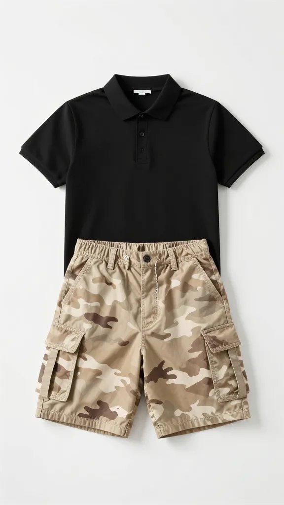 tan camo cargo shorts, flat lay, black polo, clean studio