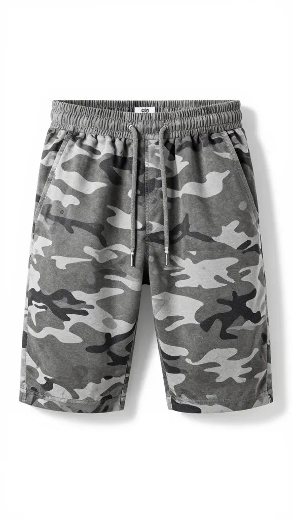 grey camo shorts waistband detail, 7-inch inseam, drawstring, soft light