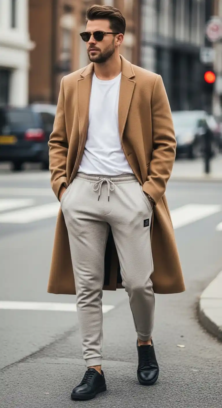12 Mens Sweatpants Outfit Ideas That Look Surprisingly Upgrade Your Style 2 1. The Structured Overcoat Pivot