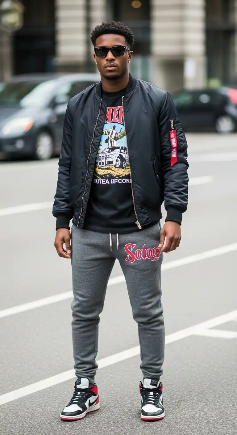 12 Mens Sweatpants Outfit Ideas That Look Surprisingly Upgrade Your Style 12 11. The Graphic Tee And Bomber Combo
