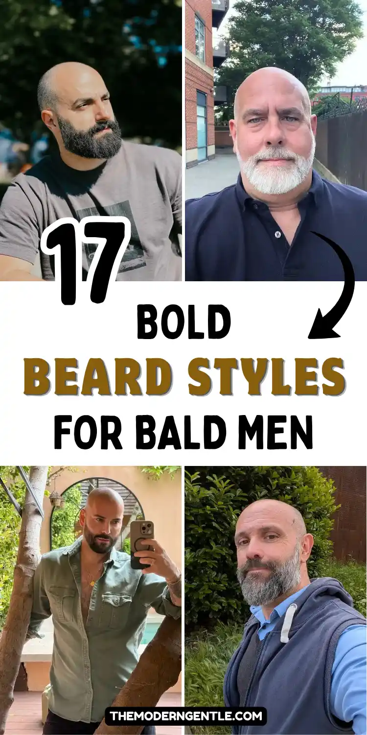 17 Bold Beard Styles for Bald Men to Stand Out 2 Four-photo collage of bald men showing different beard styles for bald men, including a dark salt and pepper full beard, a neatly trimmed white beard with a navy polo, a short dense beard in an olive shirt, and a grey tapered beard. Bold black and bronze text across the center reads 17 Bold Beard Styles for Bald Men, a mens grooming and shaved head with beard style guide.