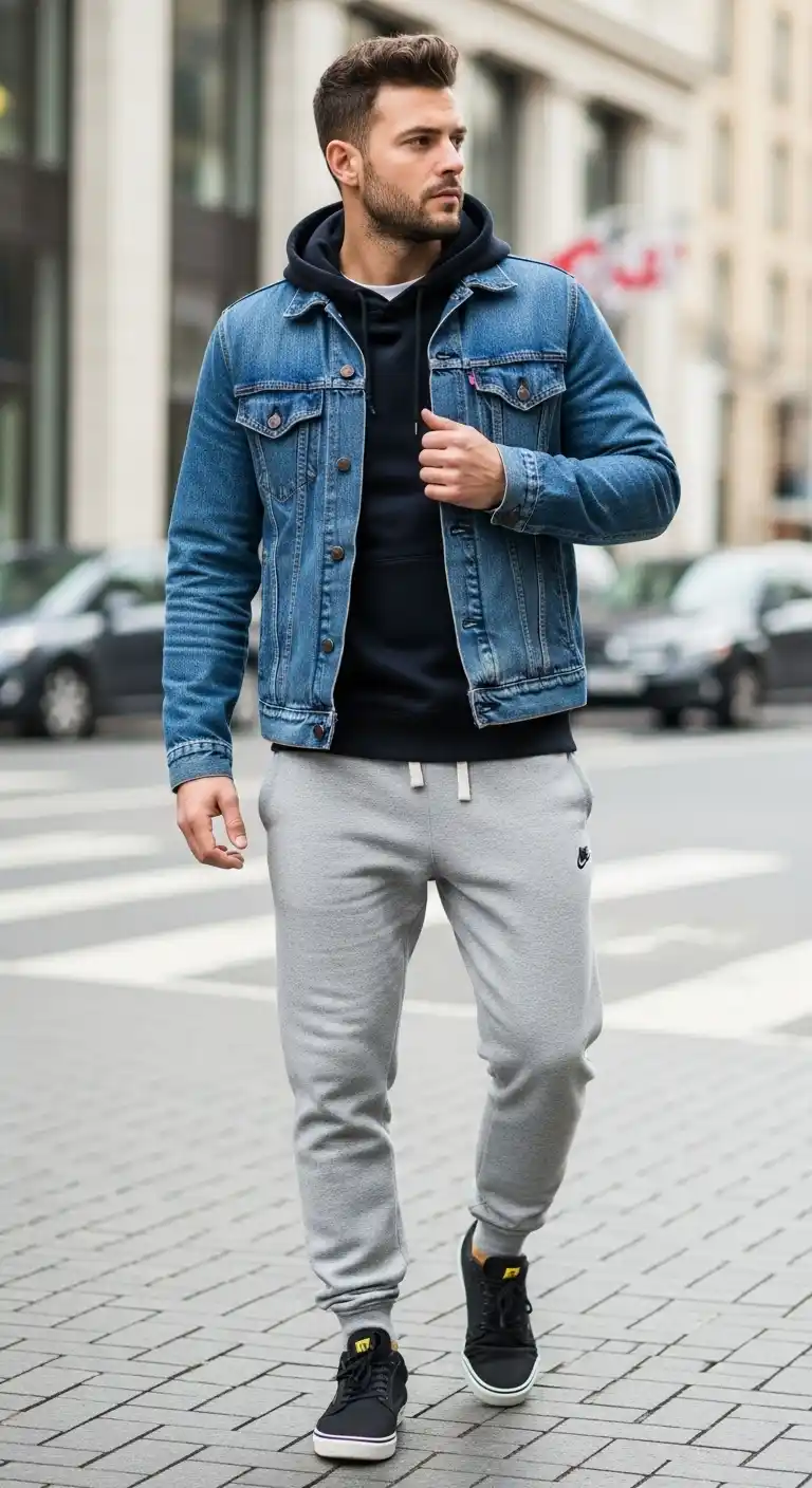 12 Mens Sweatpants Outfit Ideas That Look Surprisingly Upgrade Your Style 3 2. Denim Jackets And Tactical Layering