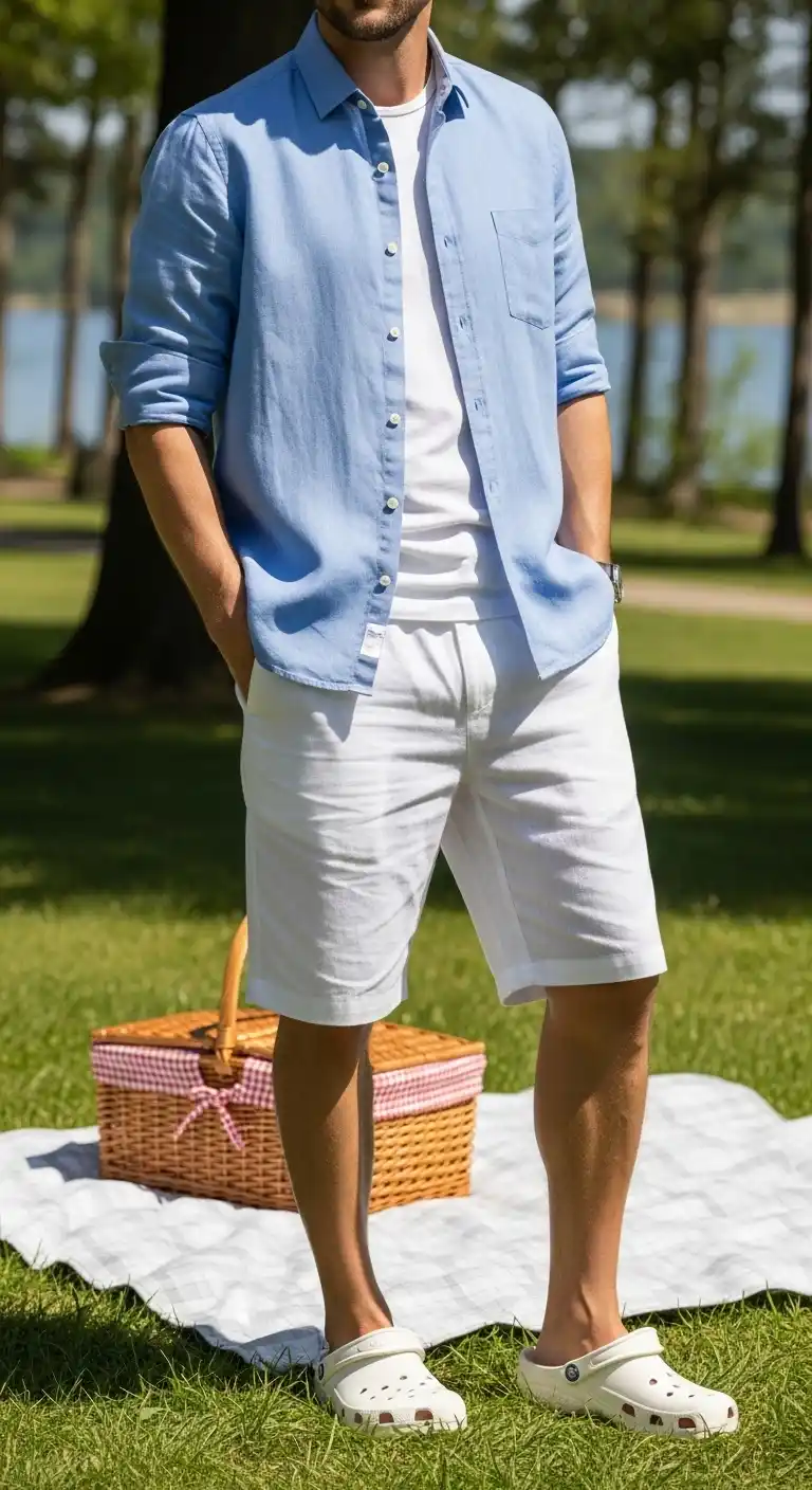 10 Crocs Outfit Ideas For Men That Actually Work And Look Surprisingly Cool 4 3. Conquer The Summer Picnic With Linen