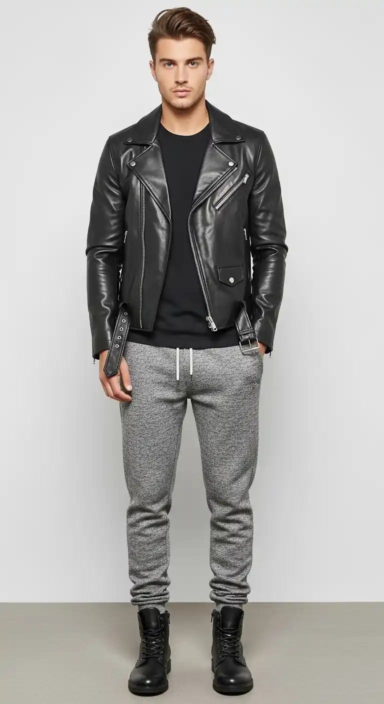 12 Mens Sweatpants Outfit Ideas That Look Surprisingly Upgrade Your Style 5 4. Leather Biker Jacket Edge