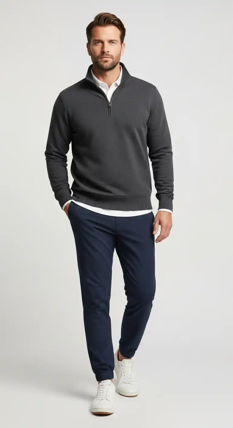 12 Mens Sweatpants Outfit Ideas That Look Surprisingly Upgrade Your Style 6 5. The Preppy Quarter-Zip Upgrade