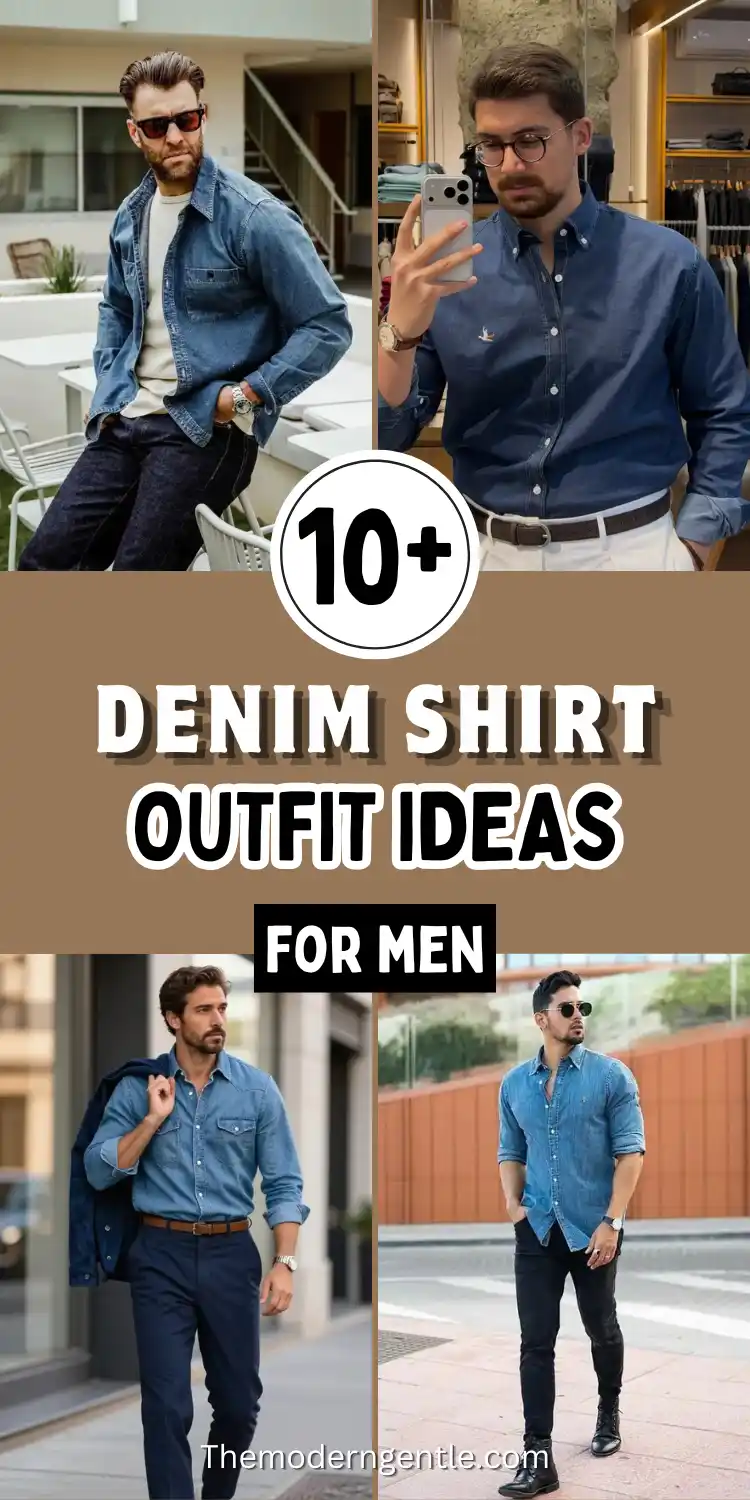 21 Stylish Denim Shirt Ideas for Men That Always Turn Heads 24 A four-photo Pinterest pin reading Denim Shirt Outfit Ideas For Men, with a white 10+ badge on a tan background and themoderngentle.com below. A bearded man wears an open denim overshirt over a cream sweater on a patio, while another tucks a navy denim shirt into white trousers with a brown belt. Below, a man carries a jacket over a denim shirt tucked into navy trousers, and another wears an untucked light denim shirt with black jeans and boots.