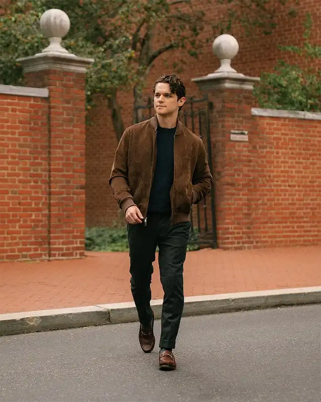 16 Casual Fall Outfit Ideas for Men That Feel Effortless Now 3 Pair a Suede Bomber With Tapered Trousers