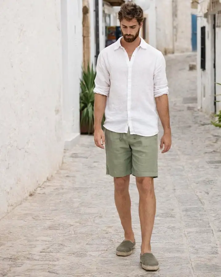 20 Linen Shorts Outfits for Men: Easy Summer Style That Works Every Time 5 Rolled Sleeves and Espadrilles Keep Sage Shorts Grounded