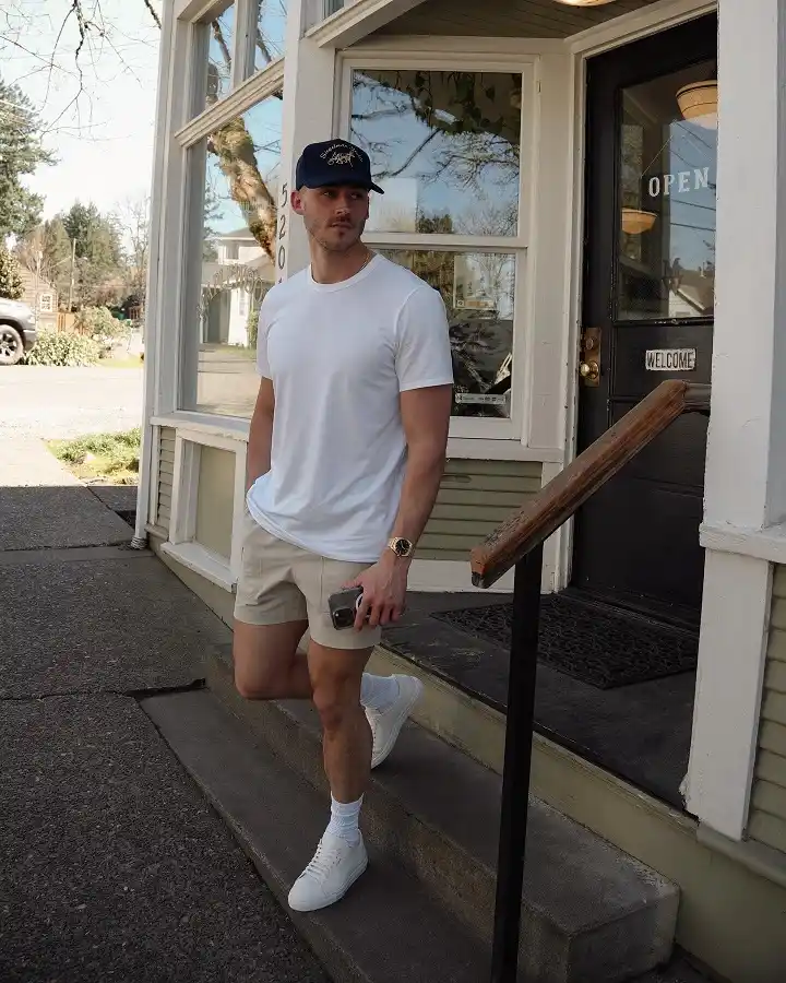 20 Linen Shorts Outfits for Men: Easy Summer Style That Works Every Time 2 A Plain White Tee Lets Tailored Khaki Shorts Do the Talking
