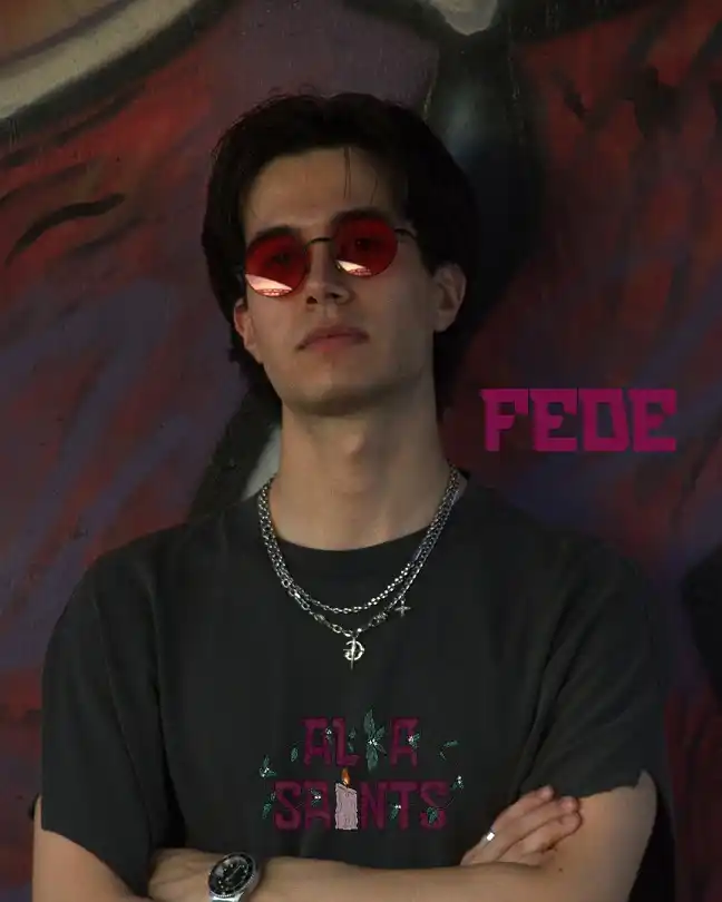 Red Lens Sunglasses Over a Washed Graphic Tee
