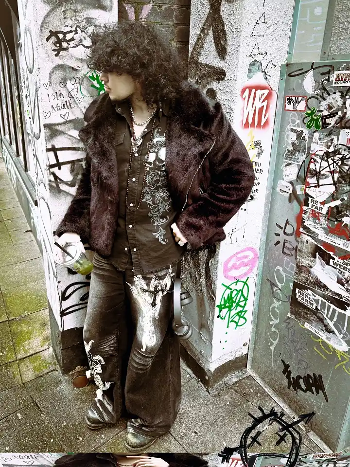 Brown Faux Fur Jacket With Wide Velvet Trousers