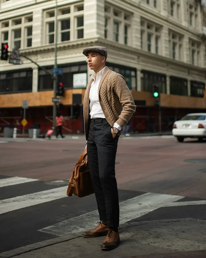 18 Men's Preppy Looks That Make Any Closet Look Expensive 12 Shawl Cardigan and Flat Cap for the City