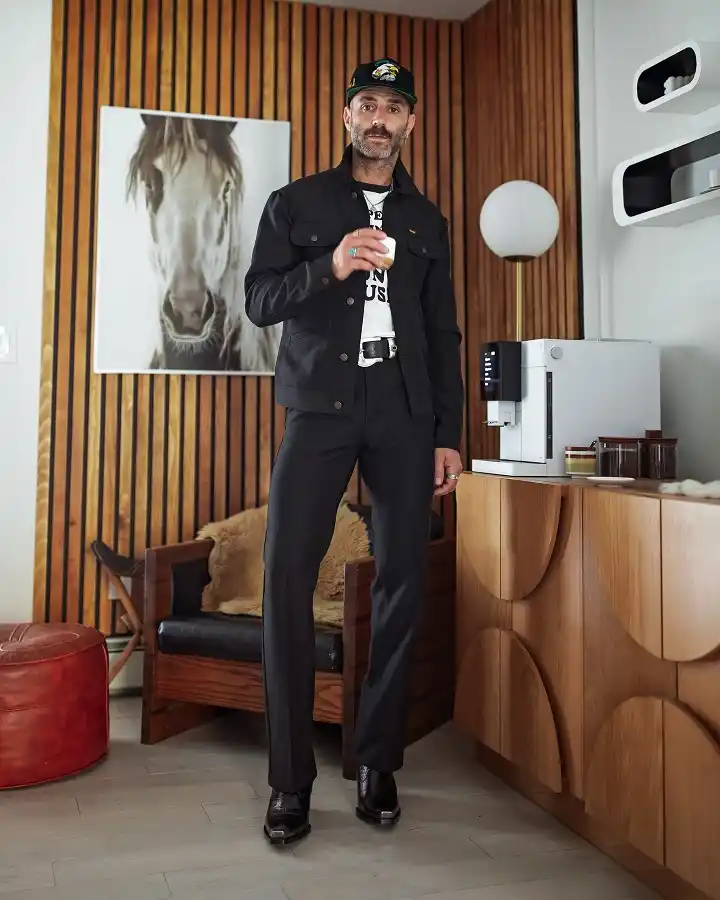 Black Trucker Jacket With Trousers Instead of Jeans