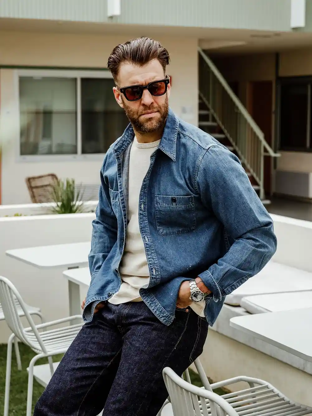 21 Stylish Denim Shirt Ideas for Men That Always Turn Heads 7 3. Double Denim Done Right, Broken Up by a Cream Sweatshirt