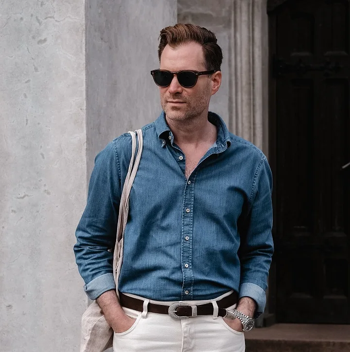 21 Stylish Denim Shirt Ideas for Men That Always Turn Heads 10 Let a Statement Belt Buckle Be the Focal Point