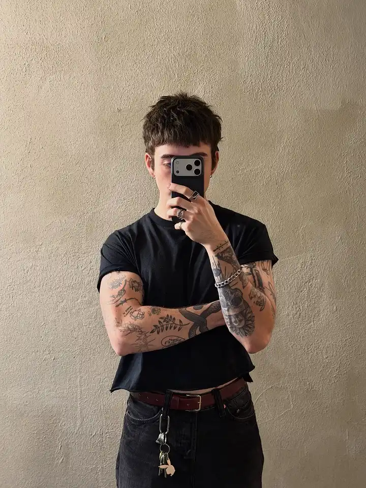 Plain Black Tee, Rolled Sleeves, Dark Denim