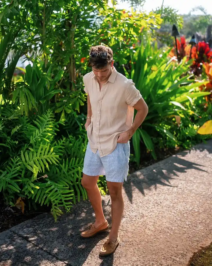 20 Linen Shorts Outfits for Men: Easy Summer Style That Works Every Time 12 Cap Sleeves and Boat Shoes Make Striped Shorts Feel Nautical