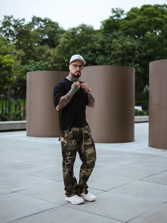 Pair Camo Cargos With a Plain Tee and Chunky Crocs