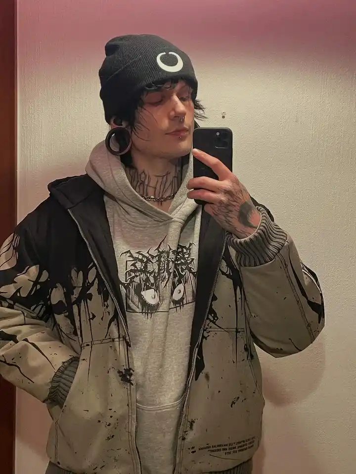 Splatter Print Zip Jacket Over a Grey Metal Hoodie