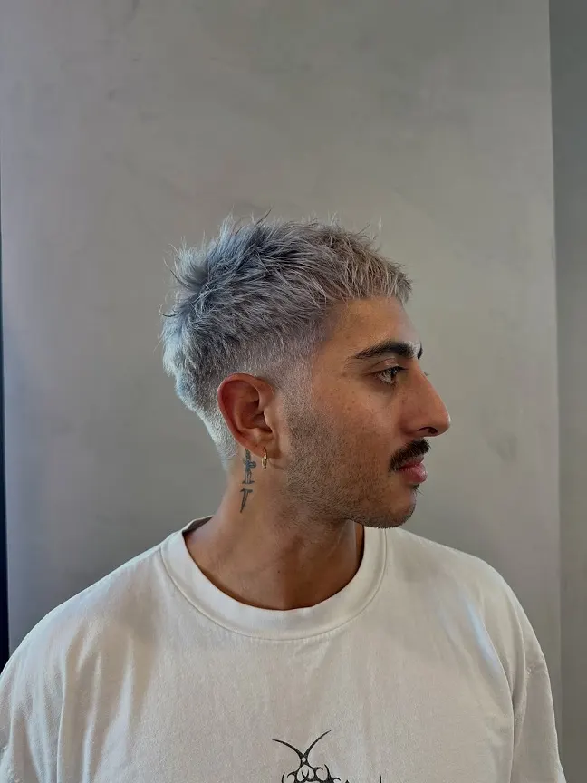 23 Trendy French Crop Hairstyles for Men to Try in 2026 19 Silver Grey French Crop With a Mustache