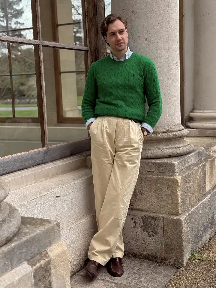 18 Men's Preppy Looks That Make Any Closet Look Expensive 11 Bright Green Cable Knit With Cream Chinos