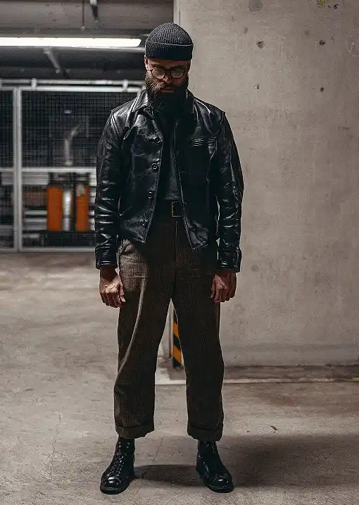 Cropped Leather Jacket With Brown Herringbone Trousers