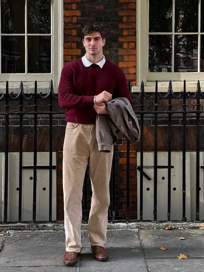 16 Casual Fall Outfit Ideas for Men That Feel Effortless Now 6 Layer a Ribbed Crewneck Over a Popped Collar