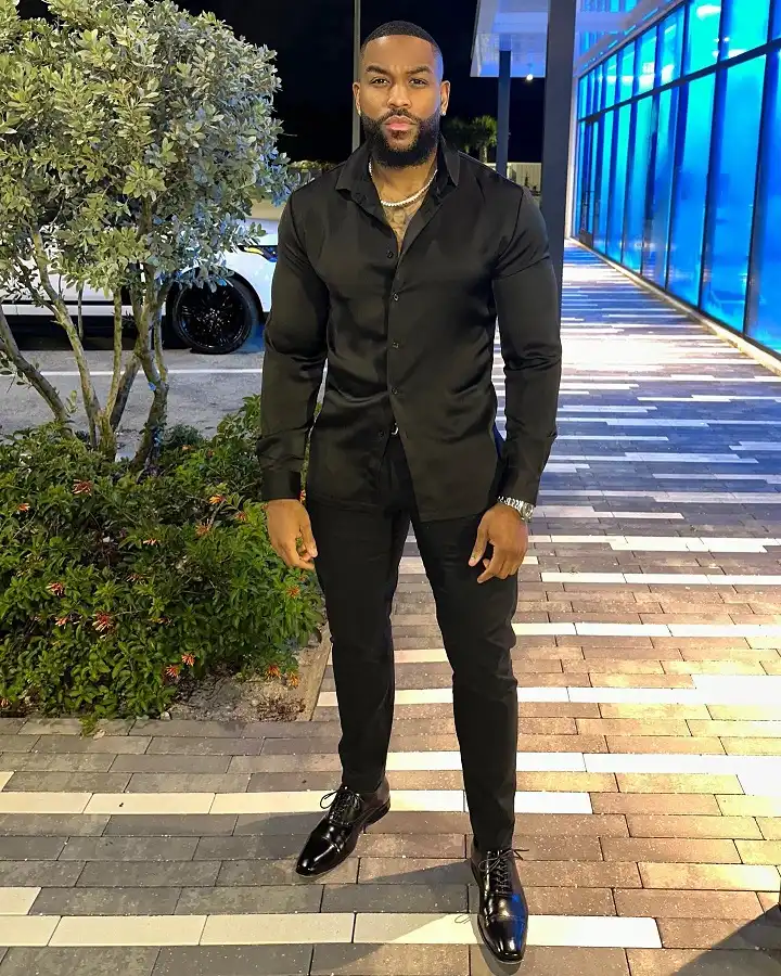 21 Stylish Black Outfit Ideas for Men That Look Effortlessly Cool 2 Black Satin Shirt With Tailored Trousers, Head to Toe