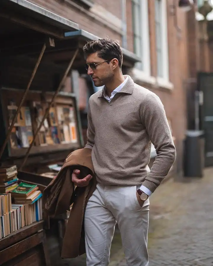 18 Men's Preppy Looks That Make Any Closet Look Expensive 3 The Knit Polo and Cream Trouser Combo