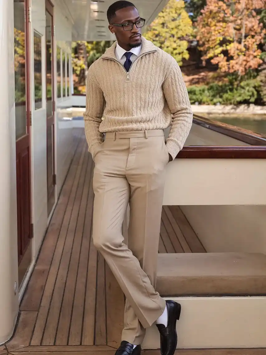 18 Men's Preppy Looks That Make Any Closet Look Expensive 10 Cable Knit Quarter Zip Over Shirt and Tie
