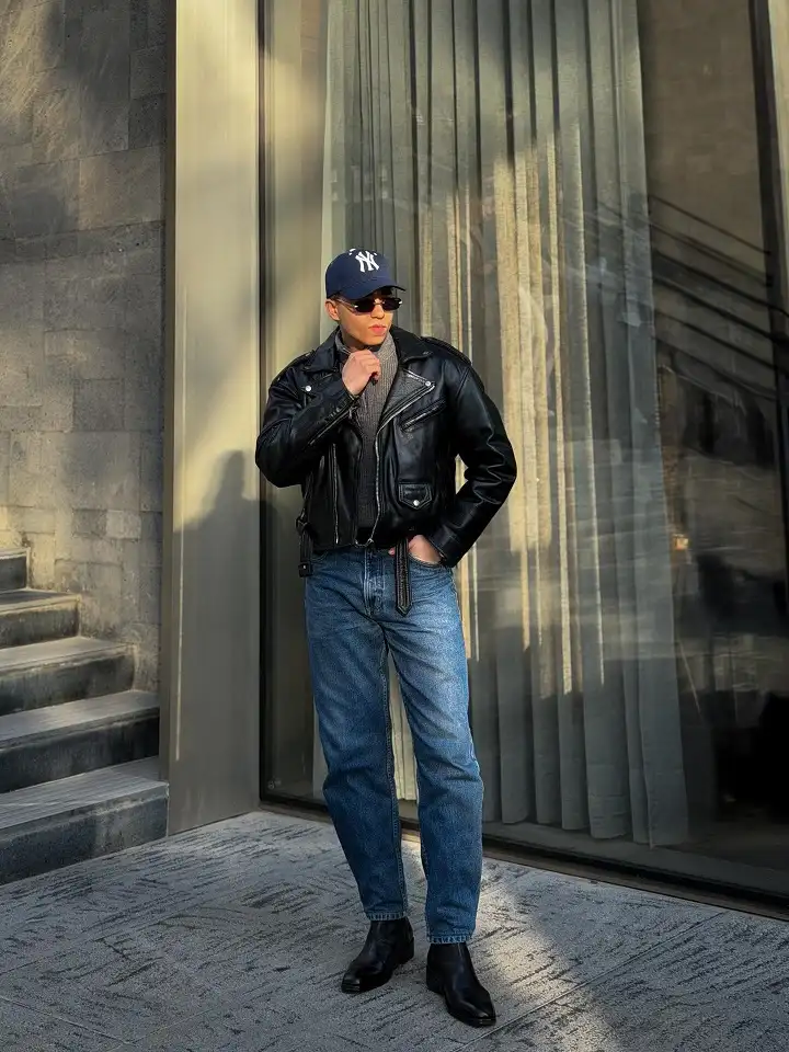 15 Bold Starboy Aesthetic Outfit Ideas for Men 2 Belted Leather Jacket Over a Turtleneck for Polished Menace