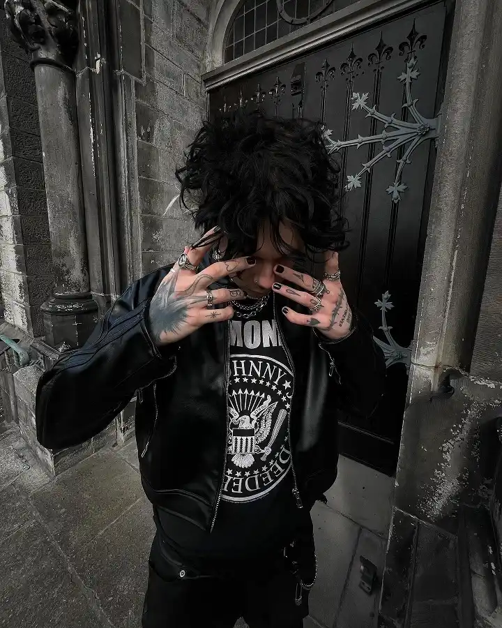 Leather Bomber Over a Classic Band Tee, All Black Nails