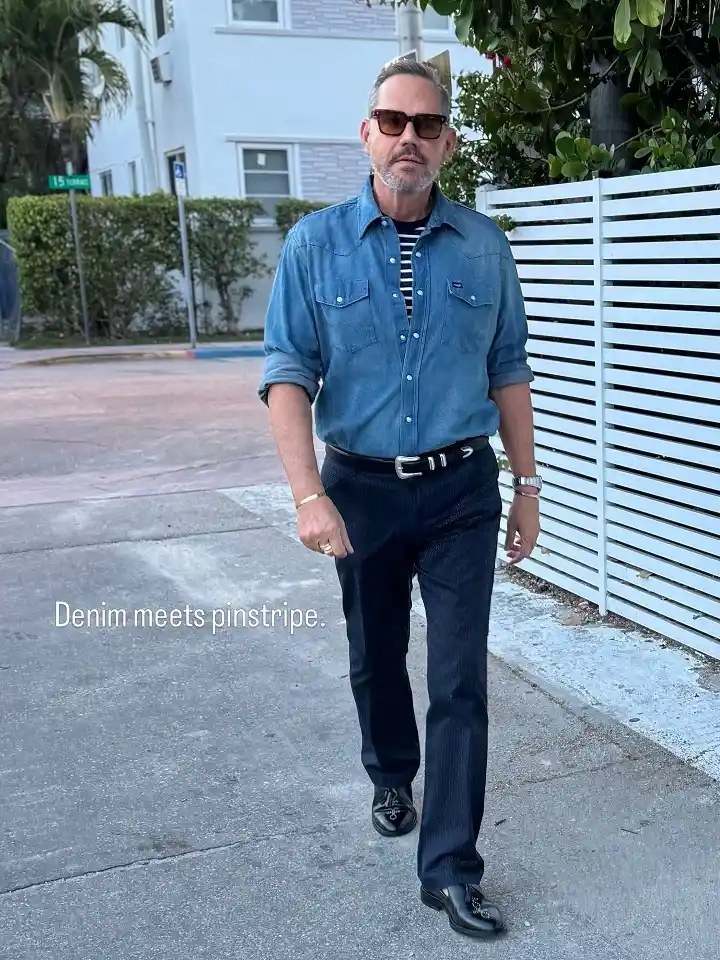 21 Stylish Denim Shirt Ideas for Men That Always Turn Heads 16 Layer a Striped Tee Underneath and Let a Pinstripe Trouser Do the Rest
