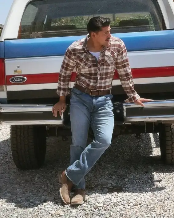 22 Men's Flannel Shirts Ideas for Fall You’ll Actually Wear 3 Brown Plaid with Light Wash Denim